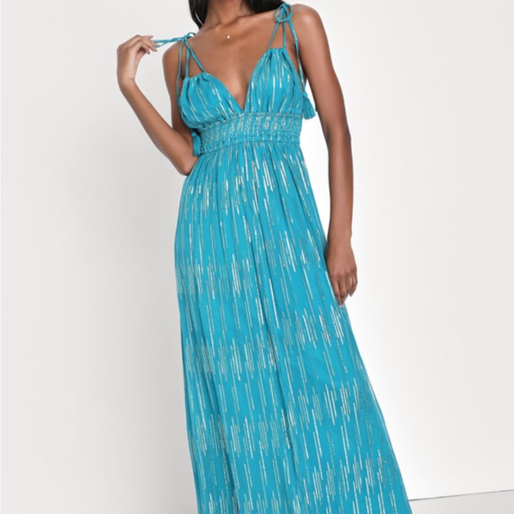 Lulu's Turquoise Metallic-Thread Tie-Shoulder Maxi Dress